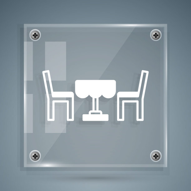 白色法国咖啡馆图标孤立在灰色背景。街头咖啡馆。桌子和椅子。方形玻璃面板。向量图片下载