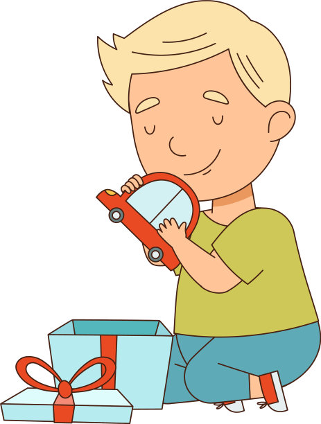 金发小男孩用玩具车打开礼品盒图片下载