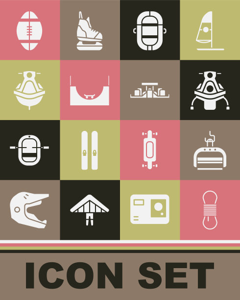 设置攀岩绳，滑雪升降机，雪地摩托，漂流船，滑板公园，水上摩托，橄榄球和一级方程式赛车图标。向量图片下载