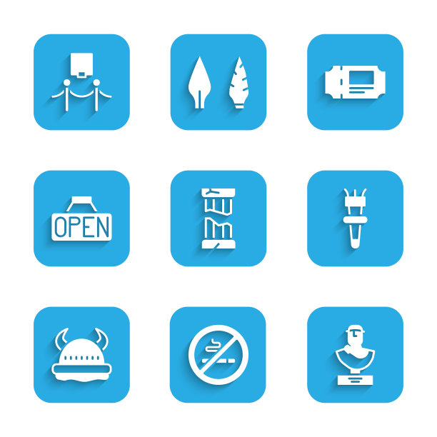 设有破碎古柱，禁止吸烟，古代半身像，火炬火焰，维京角头盔，悬挂标志与开放，博物馆门票和图片和绳索屏障图标。向量图片下载