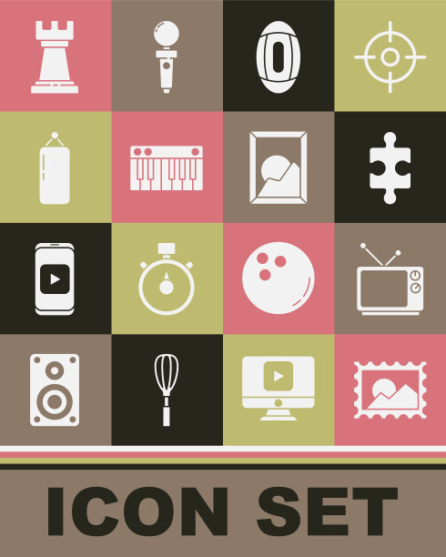 集邮政邮票，复古电视，一块拼图，美国足球，音乐合成器，沙袋，商业策略和图片景观图标。向量图片下载