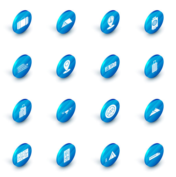 设置旅游帐篷，地图指针与埃菲尔铁塔，护照票，罗马竞技场，意大利，旅行手提箱，大头针，邮轮旅行图标。向量图片下载