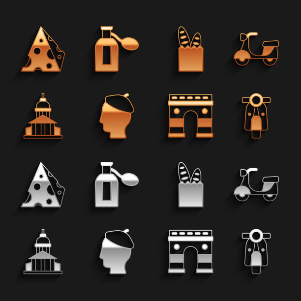 集法国人，斯库特，凯旋门，博物馆建筑，法棍面包，奶酪和香水图标。向量图片下载