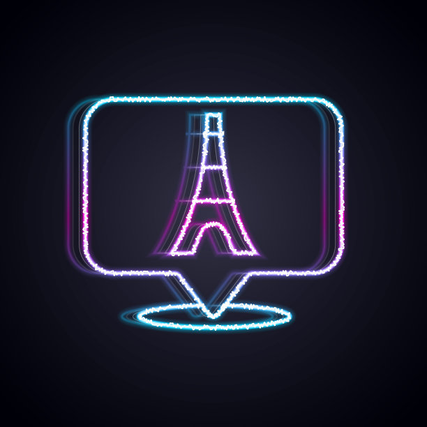 发光的霓虹灯线埃菲尔铁塔图标孤立在黑色背景。法国巴黎的地标标志。向量图片下载