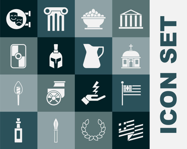 设置希腊国旗，圣托里尼建筑，橄榄碗，希腊头盔，盾牌，喜剧和悲剧面具和橄榄油瓶图标。向量图片下载