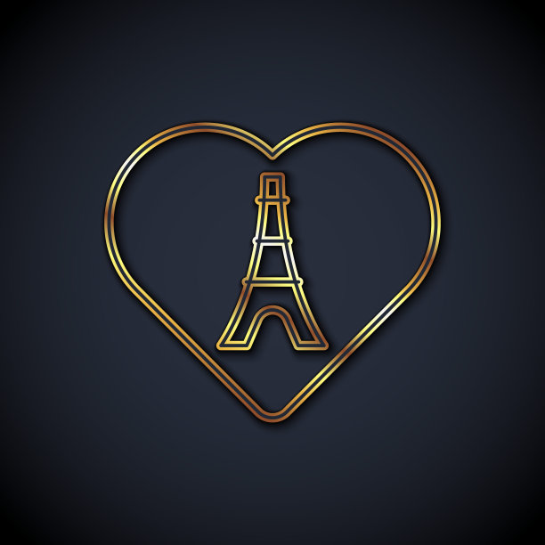 金色线埃菲尔铁塔与心图标孤立在黑色背景。法国巴黎的地标标志。向量图片下载