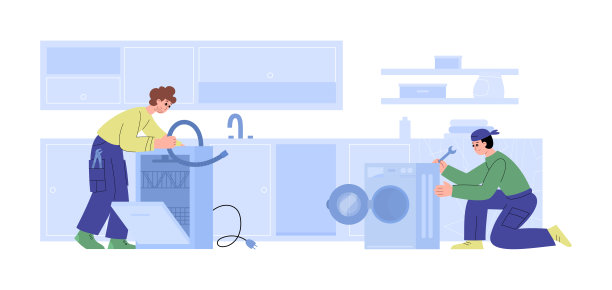 维修工在厨房修理洗衣机和洗碗机。图片下载