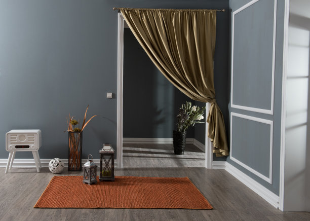 现代家庭室内客厅与时钟窗帘门地毯图片下载