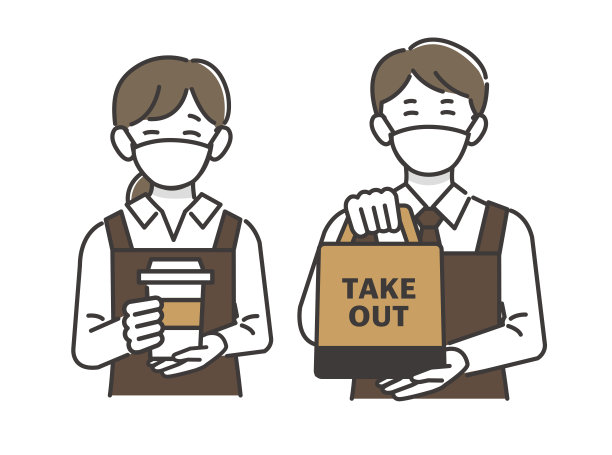 矢量插图材料/外卖/超级/咖啡馆的一个微笑的咖啡馆职员戴着面具，交出外卖产品图片下载