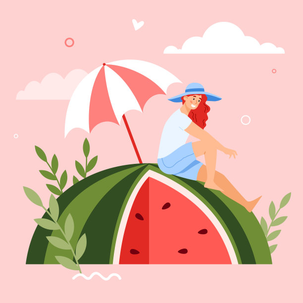 夏日横幅上有女人坐在西瓜上，平面矢量插图。图片下载