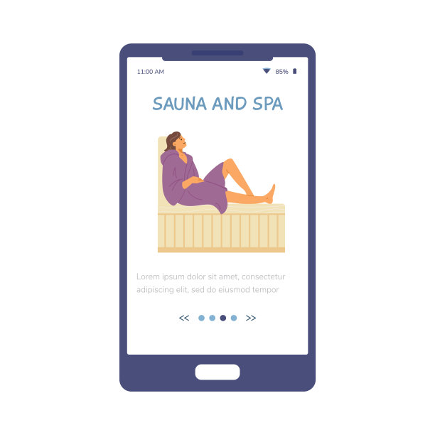 手机屏幕上的女人放松在木制长凳在热蒸汽桑拿。图片下载