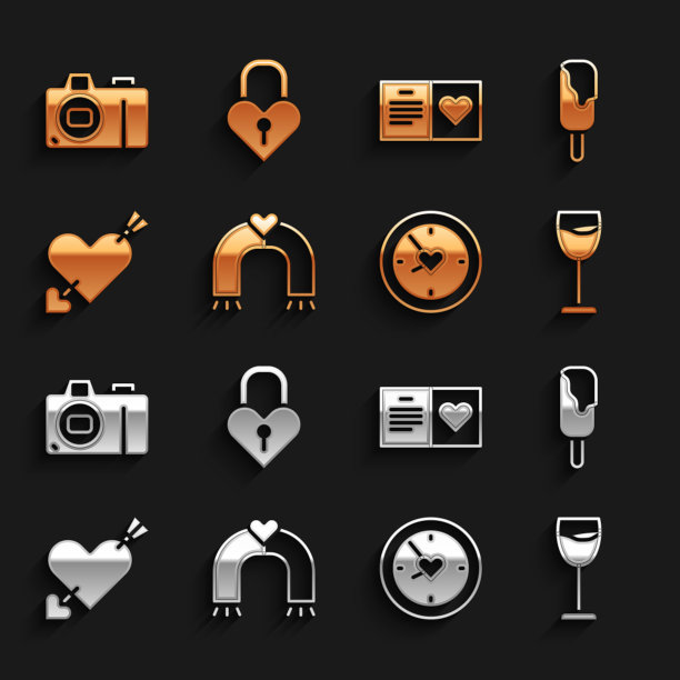 Set Love magnet, Ice cream, Wine glass, Clock with heart, Amour and arrow, Valentines party flyer, Photo camera and Castle the shape of icon. Set Love magnet, Ice cream, Wine glass, Clock with heart, Amour and arrow, Valentines party flyer, Photo camera and Castle the shape of icon。向量图片下载