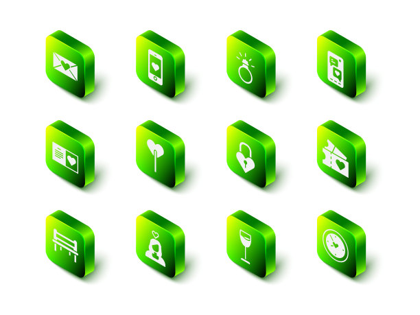 手机与心，钻石订婚戒指，爱情票，时钟，城堡的形状，酒杯和情侣爱情图标。向量图片下载