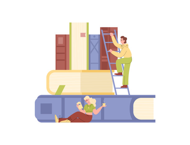 看书的人身边堆放着巨大的书籍，平面矢量插图孤立。图片下载