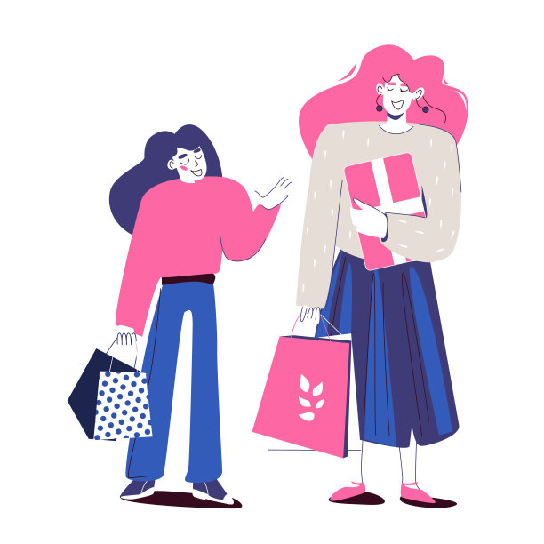 妈妈带着十几岁的女儿在购物。矢量插图卡通风格孤立在白色背景。粉色和蓝色图片下载