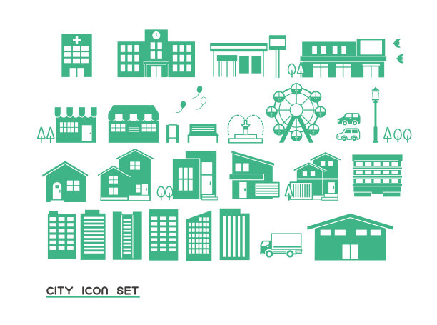 简单和可爱的城市景观图标集/矢量插图材料/总结/医院/学校图片下载