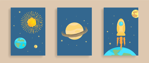 太空海报以太阳、地球、月亮和星星为背景图片下载