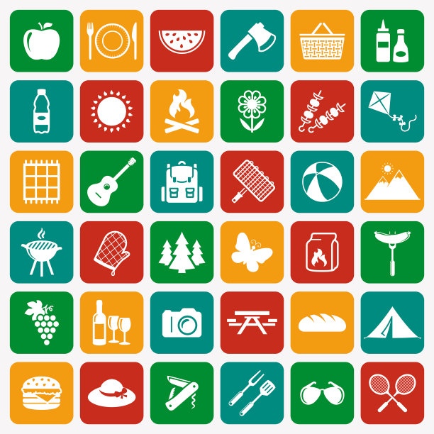 野餐和烧烤白色平面图标设置图片下载