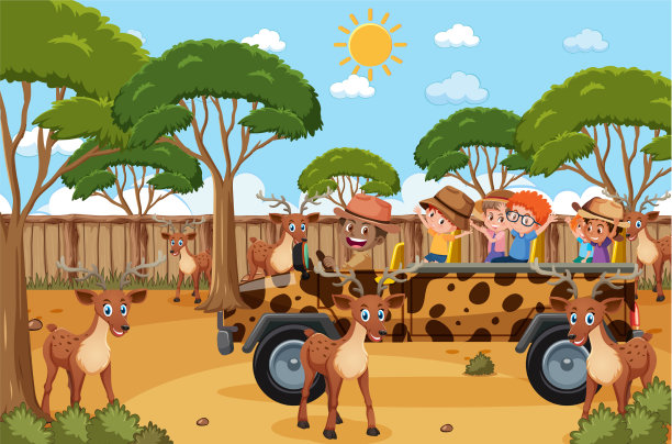 孩子们在旅游车里观看鹿群图片下载