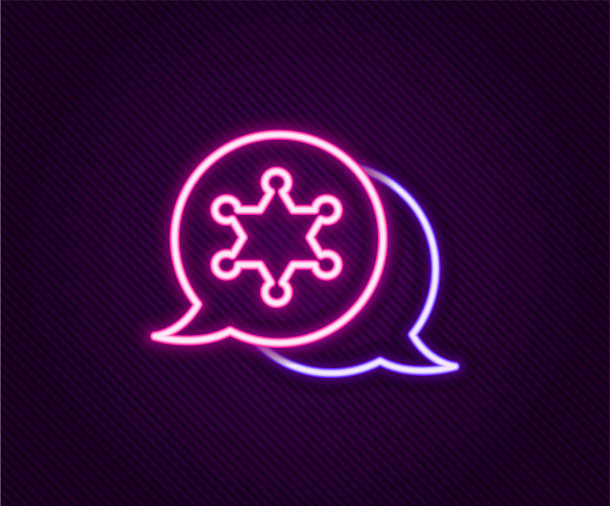 发光的霓虹灯线六角形治安官图标孤立图片下载