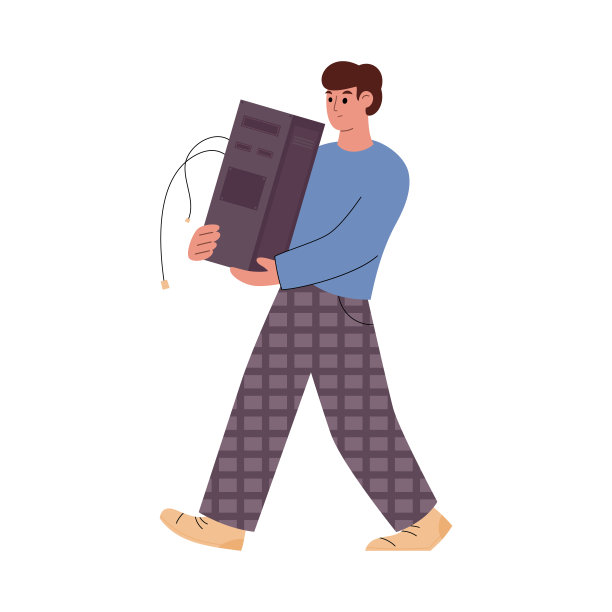 男子手持破电脑卡通平面矢量插图孤立。图片下载