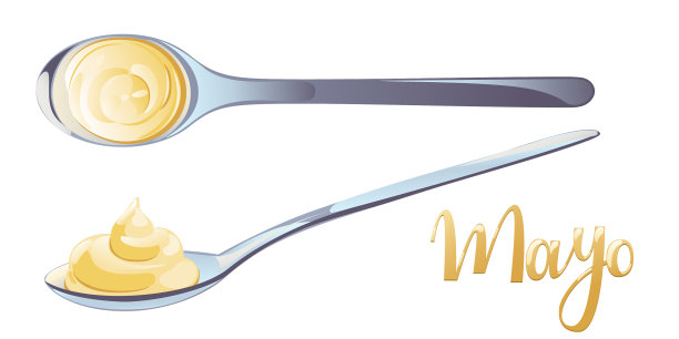 蛋黄酱在金属勺中，用catroon平勺图片下载