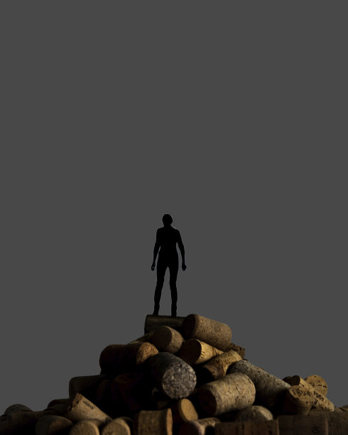 一个女人的剪影山顶的葡萄酒瓶塞。图片下载