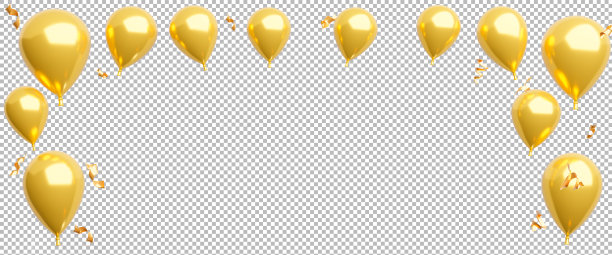 金色气球与彩色纸屑在透明的背景，剪辑路径图片下载