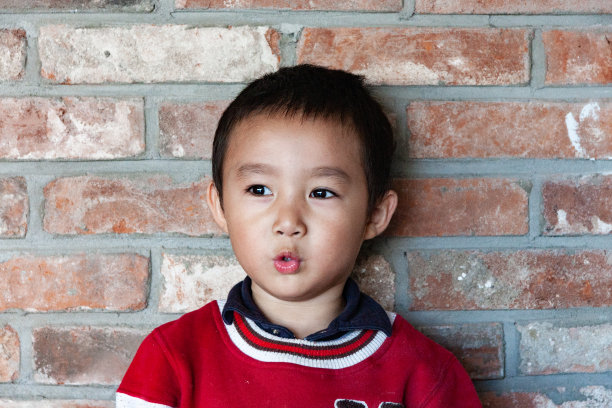 砖墙背景上的亚洲小男孩肖像。图片下载