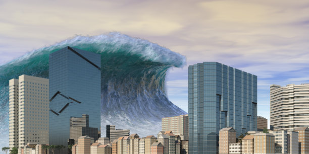 海啸波浪启示水景城市洪水风暴。3D插图图片下载