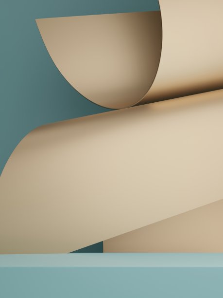 3D渲染豪华简约纸艺术产品展示背景与平台。金色和柔和的绿松石。图片下载