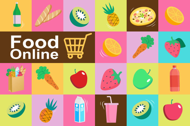食物和饮料在五颜六色的背景。为杂货市场，网上商店，购物，送货到家的一套网页。向量插图的海报，横幅，传单，商业，提供。图片下载