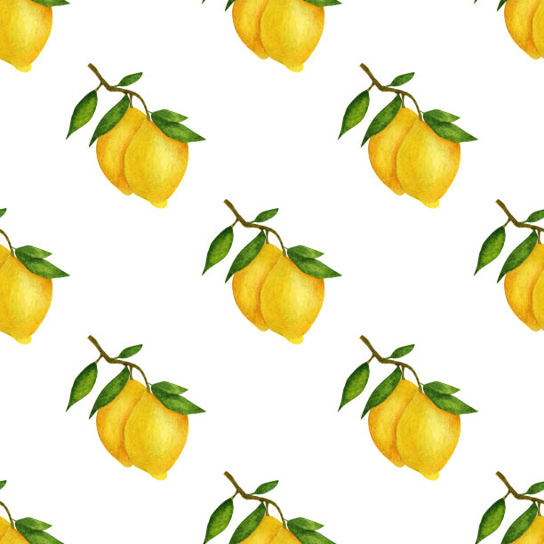 水彩柠檬在白色的背景。无缝模式。图片下载
