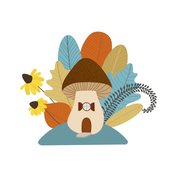 秋天可爱的蘑菇屋有叶，有花。图片下载