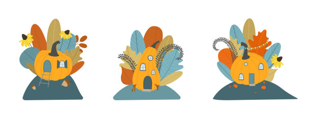 秋天的可爱南瓜屋，有叶子，花。图片下载