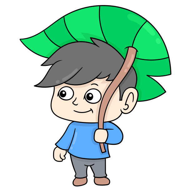 男孩正站在那里用一片大树叶当伞，矢量插画艺术。涂鸦图标形象卡哇伊。图片下载