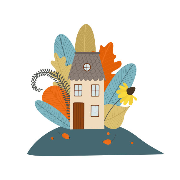 秋天可爱的小房子有叶子，有花。花束。图片下载