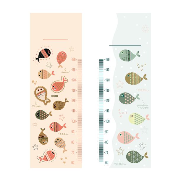 一套儿童身高图表。儿童身高图表与鱼卡通风格。孩子气的仪表墙托儿所设计。对男孩和女孩都很好。所有对象都是分离的。手绘。矢量图图片下载