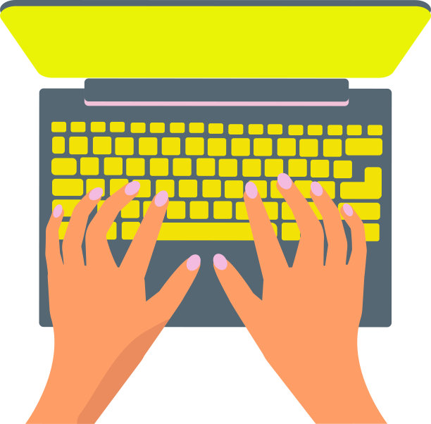 女孩的手正在笔记本电脑上打字。自由职业或在线交流的概念。矢量，平面，白色背景。图片下载