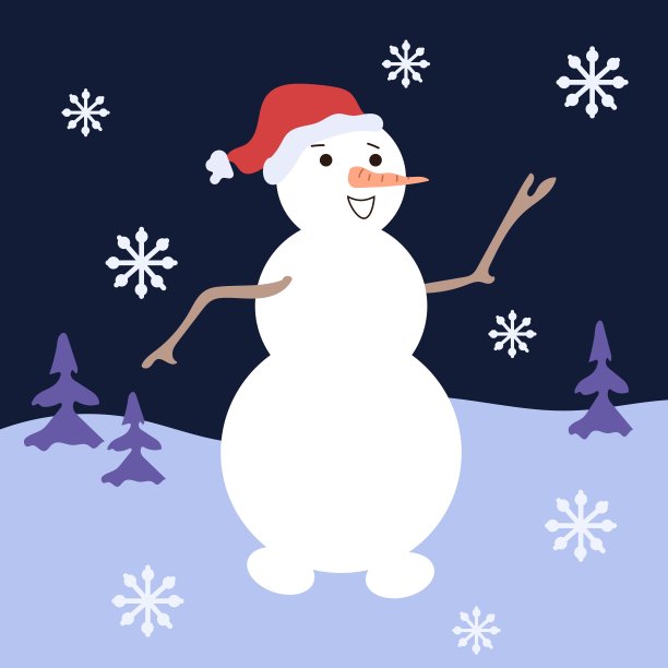 欢快的雪人在夜晚的森林里飘着雪花。图片下载