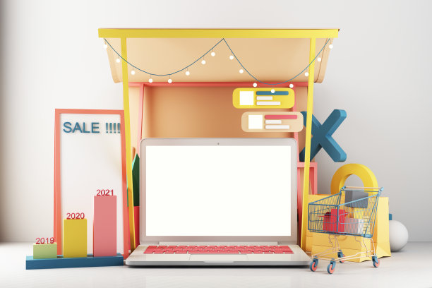 笔记本电脑代表商店的前面。网上购物在屏幕上应用概念数字营销与购物车的颜色粉彩与沟通栏和统计栏3d渲染图片下载