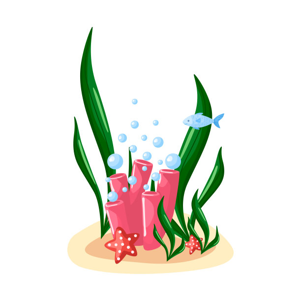 在白色背景上分离的海藻中的珊瑚组成。卡通形象与鱼和海星为儿童。图片下载