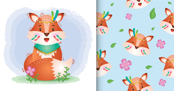 可爱的狐狸与阿帕奇服装无缝模式和图片下载