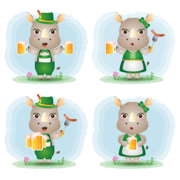 一对可爱的犀牛夫妇参加传统的啤酒节图片下载