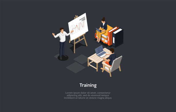 插图在黑暗的背景与文字和字符。3D卡通风格组成，等角矢量设计。职业生涯或教育的专业线下培训。男导师和学生。图片下载