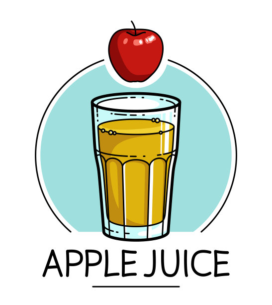 苹果汁在玻璃上隔离在白色背景矢量插图，卡通风格的标志或徽章为纯新鲜果汁，减肥食品饮料美味健康。图片下载