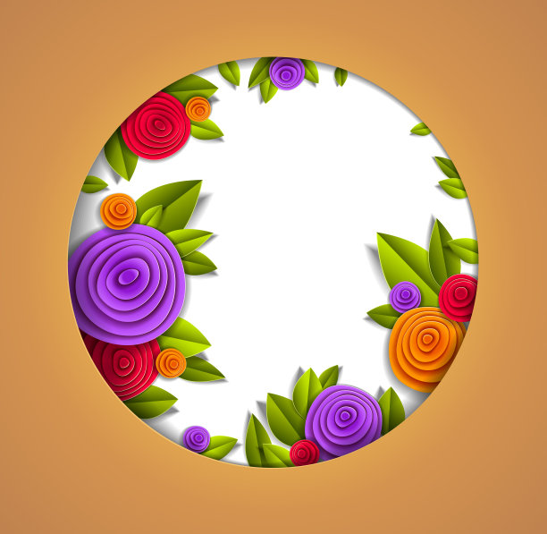 花和叶子美丽的背景或框架与空白复制空间的文本，矢量插图剪纸风格。婚礼请柬或浪漫的贺卡。图片下载