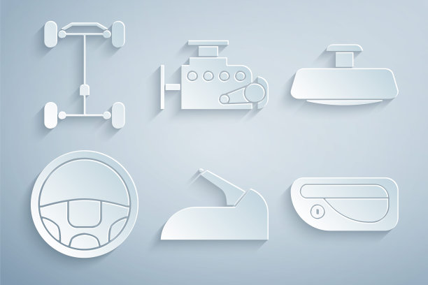 设置汽车手刹，后视镜，方向盘，门把手，发动机和底盘汽车图标。向量图片下载