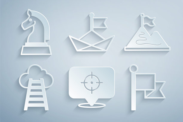 设置目标，山脉与旗帜，楼梯完成，旗帜，折叠纸船和象棋图标。向量图片下载