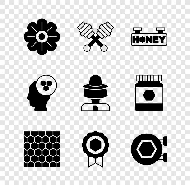 集花，蜂蜜勺棍，悬挂标志与蜂房，蜂房，奖章，养蜂人和保护帽子图标。向量图片下载